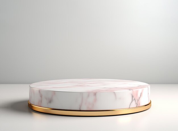 3D rendering of empty round marble and gold podium for product display on white background