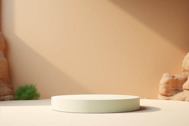 3D-рендеринг пустого круглого белого подиума для демонстрации продукта, окруженного природой