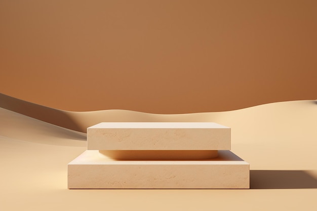 3D rendering of empty stone podium for product display surrounded by sand