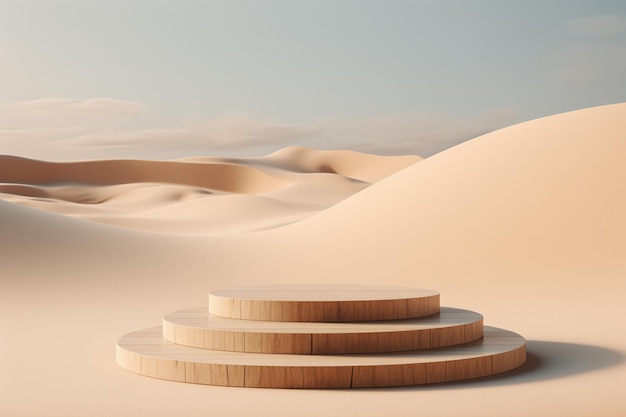 Free photo 3d rendering of empty wooden podium for product display surrounded by sand