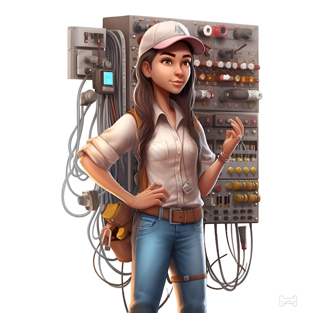 Free photo 3d rendering of a female electrician standing in front of an electrical panel