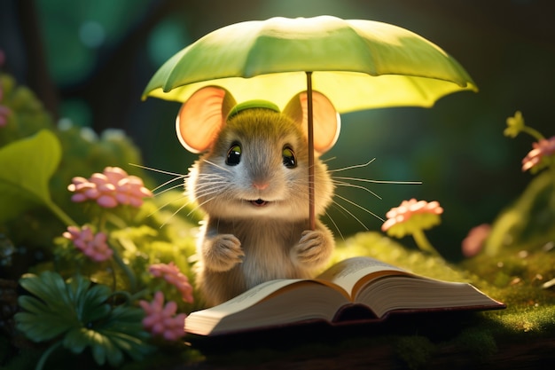 Foto gratuita rendering 3d del libro di lettura sugli animali della foresta