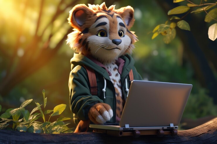 Free Photo 3d rendering of forest animal using laptop