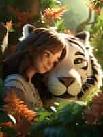 Free photo 3d rendering of forest tiger with woman