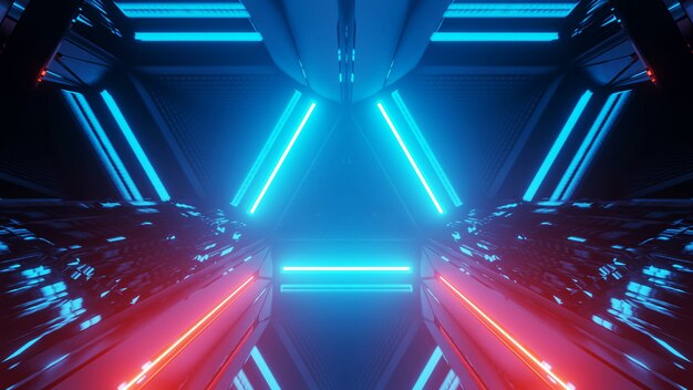 3D rendering of a futuristic background with geometric shapes and colorful neon lights