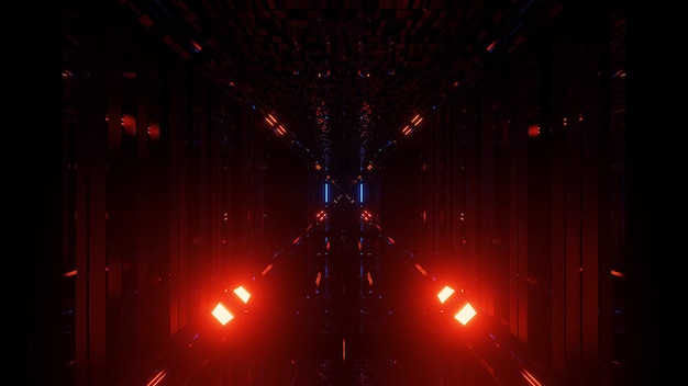 네온 빨간색과 파란색 불빛과 함께 미래형 배경의 3D 렌더링