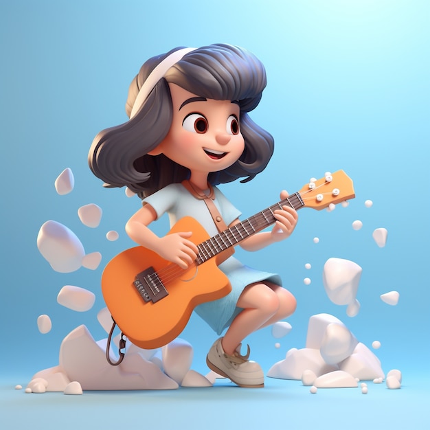 기타를 연주하는 소녀의 3d 렌더링