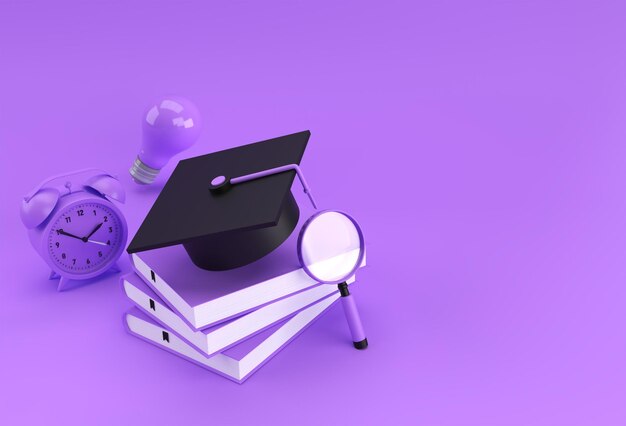 3D Rendering of Graduation Cap magnifying glass Bulb with books Realistic 3d shapes Education online concept