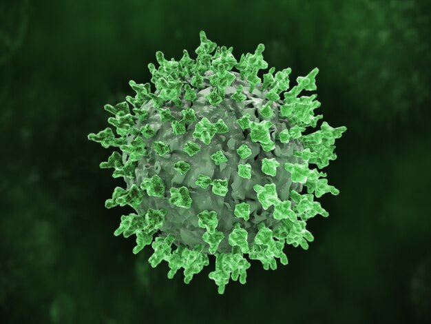 3D rendering of a green coronavirus microbe cell