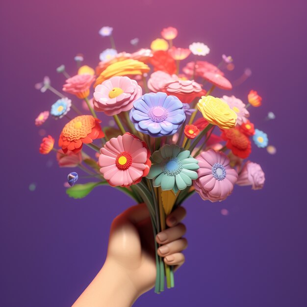 손을 잡고 꽃 꽃다발의 3d 렌더링