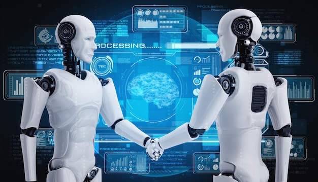 3d-рендеринг рукопожатия гуманоидного робота для совместной работы с технологиями будущего