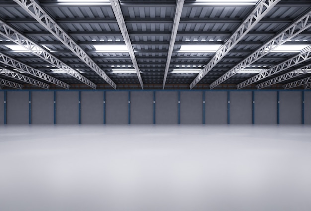 3d рендеринг интерьера пустой фабрики с подвесными светильниками