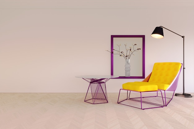 3d rendering interior scene and  mockup white wall with yellow and purple modern armchair Premium Photo