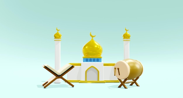 3d визуализация исламский коран и мечеть и барабан бедуков, изолированные на светло-синем фоне