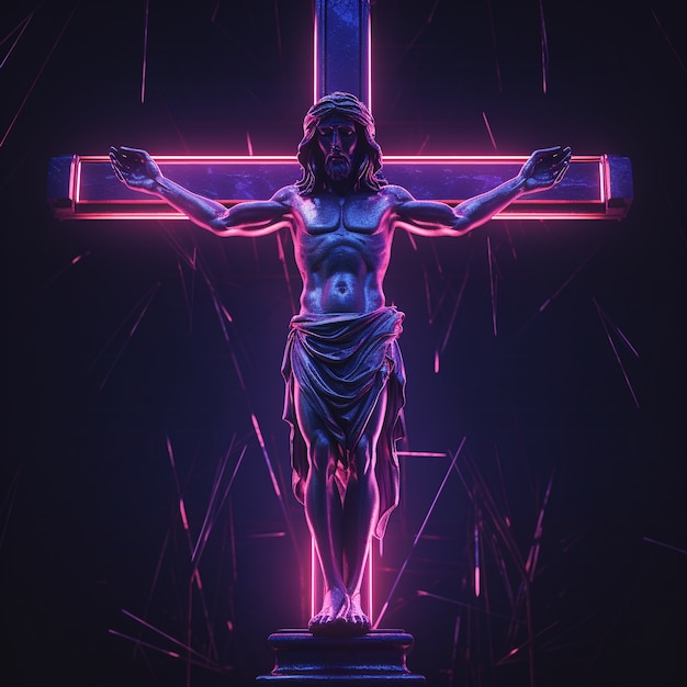 3d rendering of jesus on neon cross