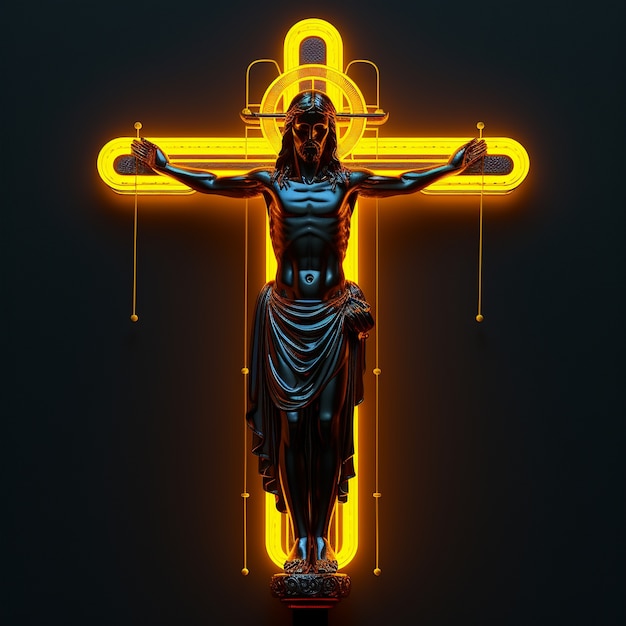 Free photo 3d rendering of jesus on neon cross