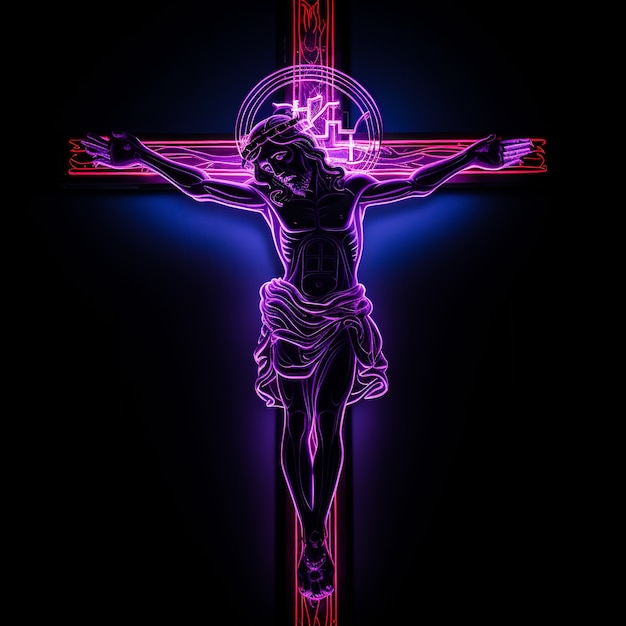 Free photo 3d rendering of jesus on neon cross