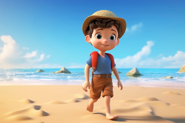 해변에서 아이 캐릭터의 3D 렌더링