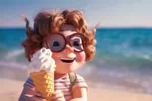 Free photo 3d rendering of kid character with ice cream