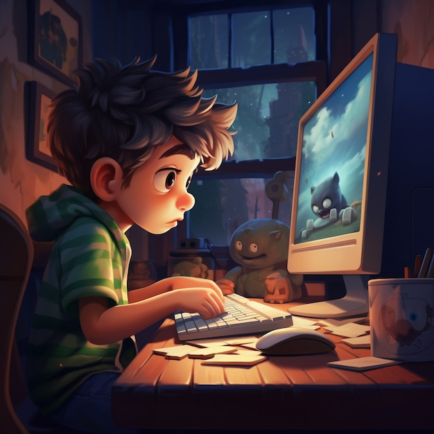 Free photo 3d rendering of kid playing digital game