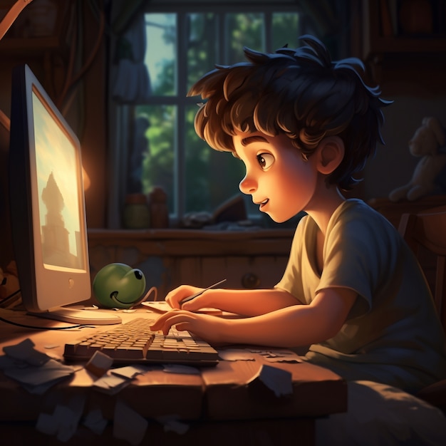 3d rendering of kid playing digital game