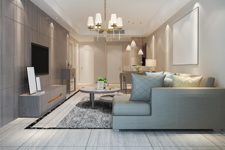Free Photo 3d rendering loft luxury living room with shelf near dining table