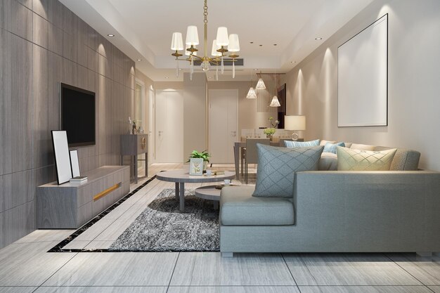 3d rendering loft luxury living room with shelf near dining table Free Photo