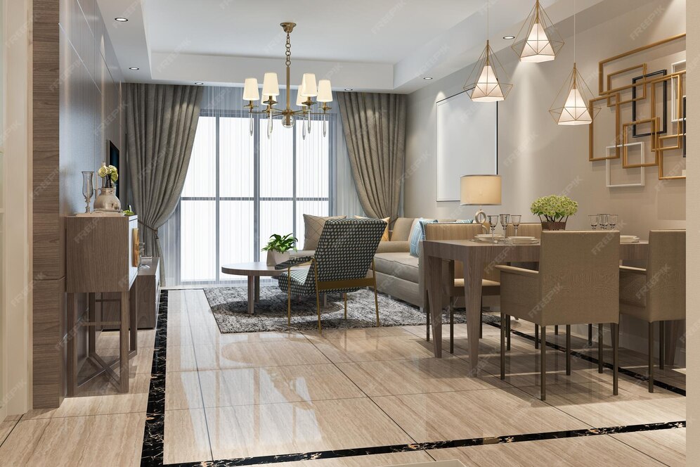 A living room with tile flooring