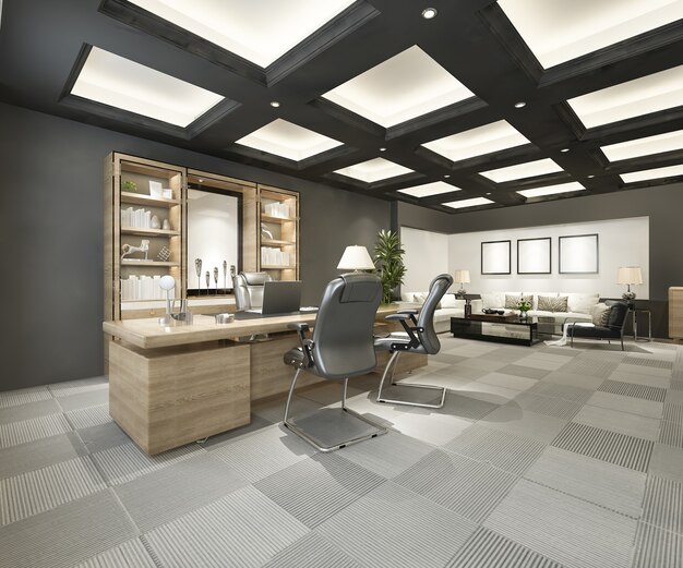 エグゼクティブオフィスの3Dレンダリングの豪華なビジネス会議と作業室