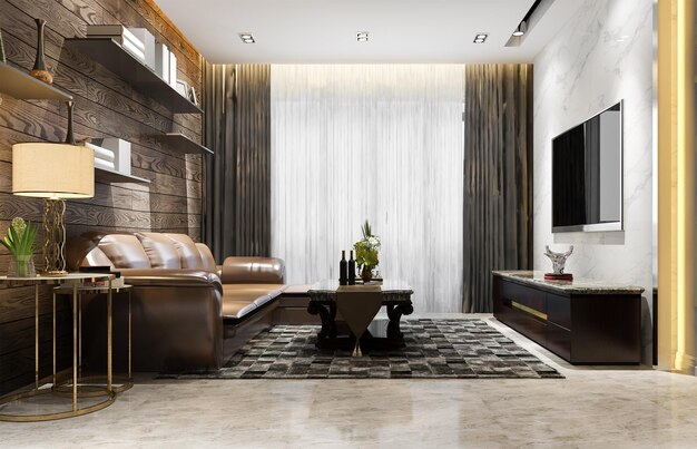 3d rendering luxury and modern living room with leather sofa and lamp and wood decor loft style