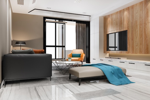 3D рендеринг роскошной и современной желтой гостиной с диваном