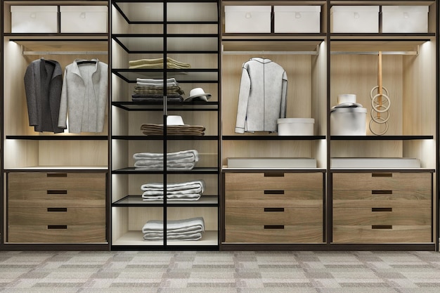 Free photo 3d rendering minimal scandinavian wood walk in closet with wardrobe