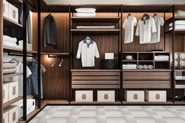 Foto gratuita cabina armadio minimal in legno scandinavo con rendering 3d con armadio