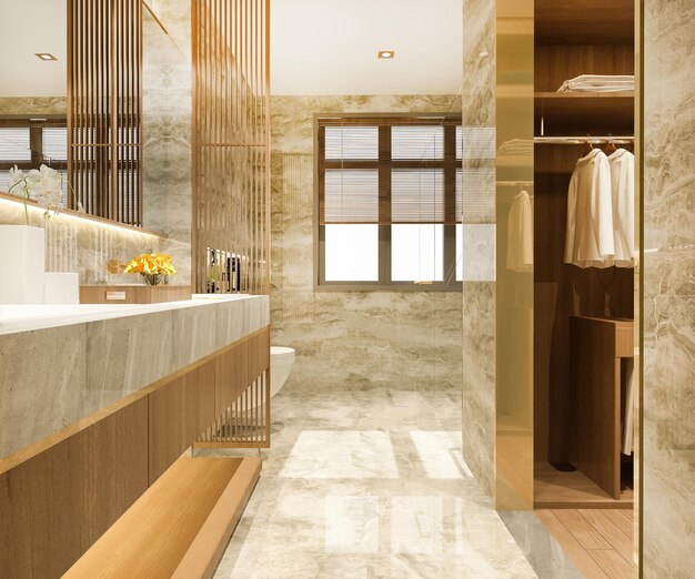3Dレンダリングのモダンなデザインと大理石のタイルのトイレとバスルーム、ウォークインクローゼット付きのワードローブ