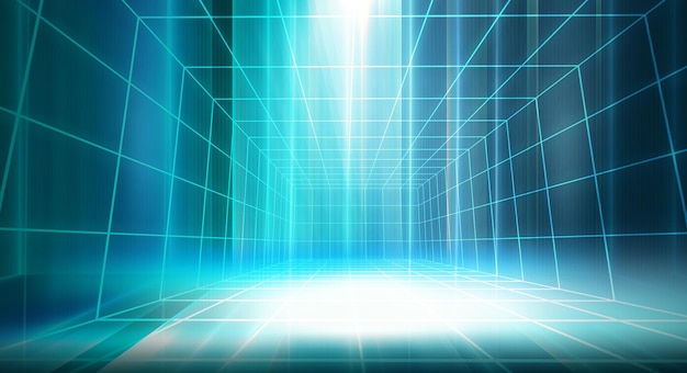3D rendering of modern digital studio background, futuristic empty space with abstract light effects