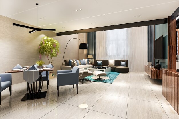 Free photo 3d rendering modern dining room and living room with luxury decor