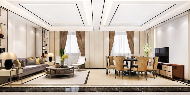 3d che rende moderna sala da pranzo e soggiorno con decorazioni di lusso