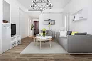 Foto gratuita 3d rendering moderna sala da pranzo e soggiorno con arredamento di lusso
