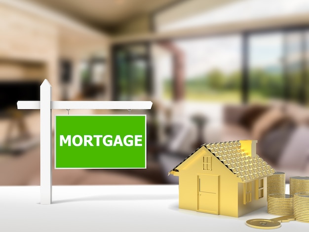 3d визуализация ипотечного дома знак с фоном дома