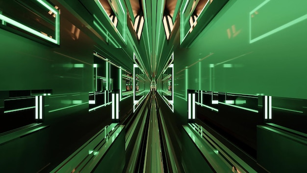 3d rendering of moving tunnel with glowing green lights and mirrored walls in 4k uhd quality