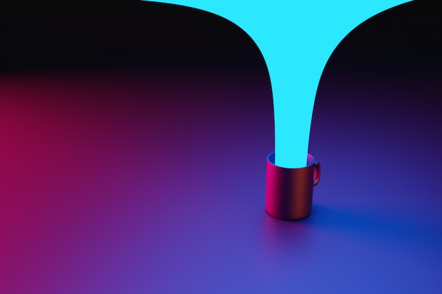 3d rendering mug of black-pink tea and coffee in which a blue flow of water conceptually drops on a black isolated background.