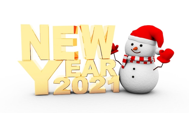 「NEWYEAR2021」と雪だるまの3Dレンダリング