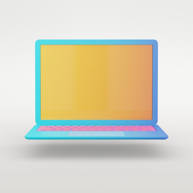 3dレンダリングのイラスト 画面とカラフルなキーボードを備えたラップトップコンピューターは テクスチャの灰色の背景に配置します プレゼンテーション用の画像 プレミアム写真