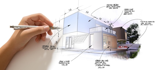 손으로 스케치하고 제도하는 현대 고급 건축 프로젝트의 3d 렌더링
