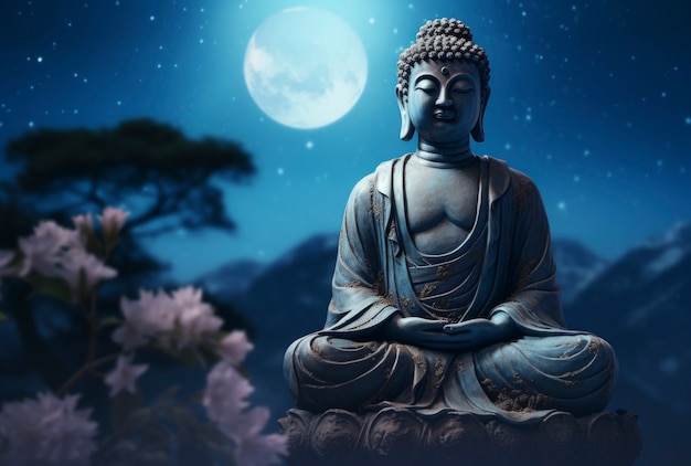 Бесплатное фото 3d-рендеринг статуи будды с луной за ней