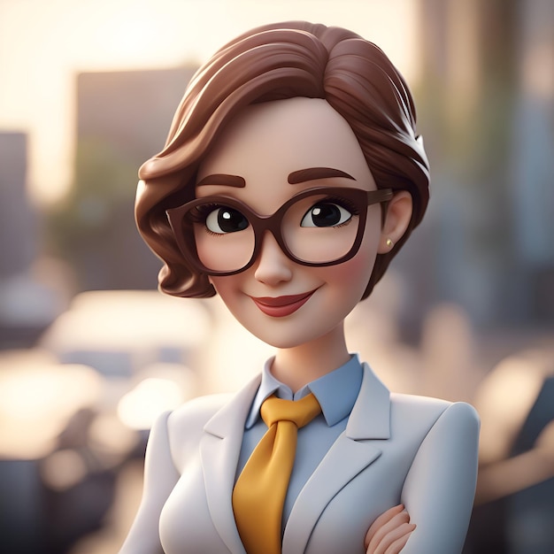 Бесплатное фото 3d-рендеринг деловой женщины с очками на фоне города