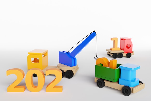 3d-рендеринг новогодней даты 2022 года на детском игрушечном грузовике изображение календаря