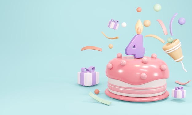 3d-рендеринг пастельных торта ко дню рождения со свечой номер 4 с копией пространства на синем фоне. 3d визуализация иллюстрации.