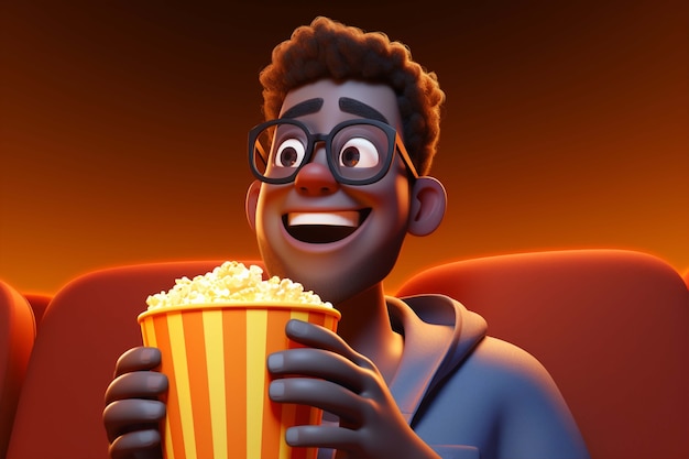 Бесплатное фото 3d-рендеринг человека, смотрящего фильм с попкорном