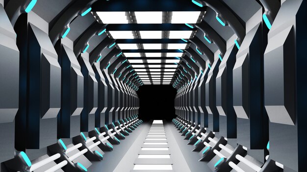 白い床とオレンジ色の光の3 Dのサイエンスフィクションの未来的な宇宙船の廊下 3 Dイラスト プレミアム写真